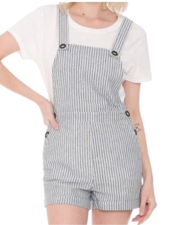 Cali1850 Denim - Cali 1850 Los Angeles Blue & White Striped Linen Blend Overall Shorts Romper Med
